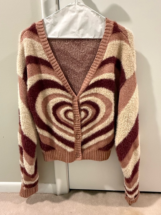La Hearts Sweaters - La Hearts Heart-Pattern Button Cardigan in Pink, Cream & Burgundy